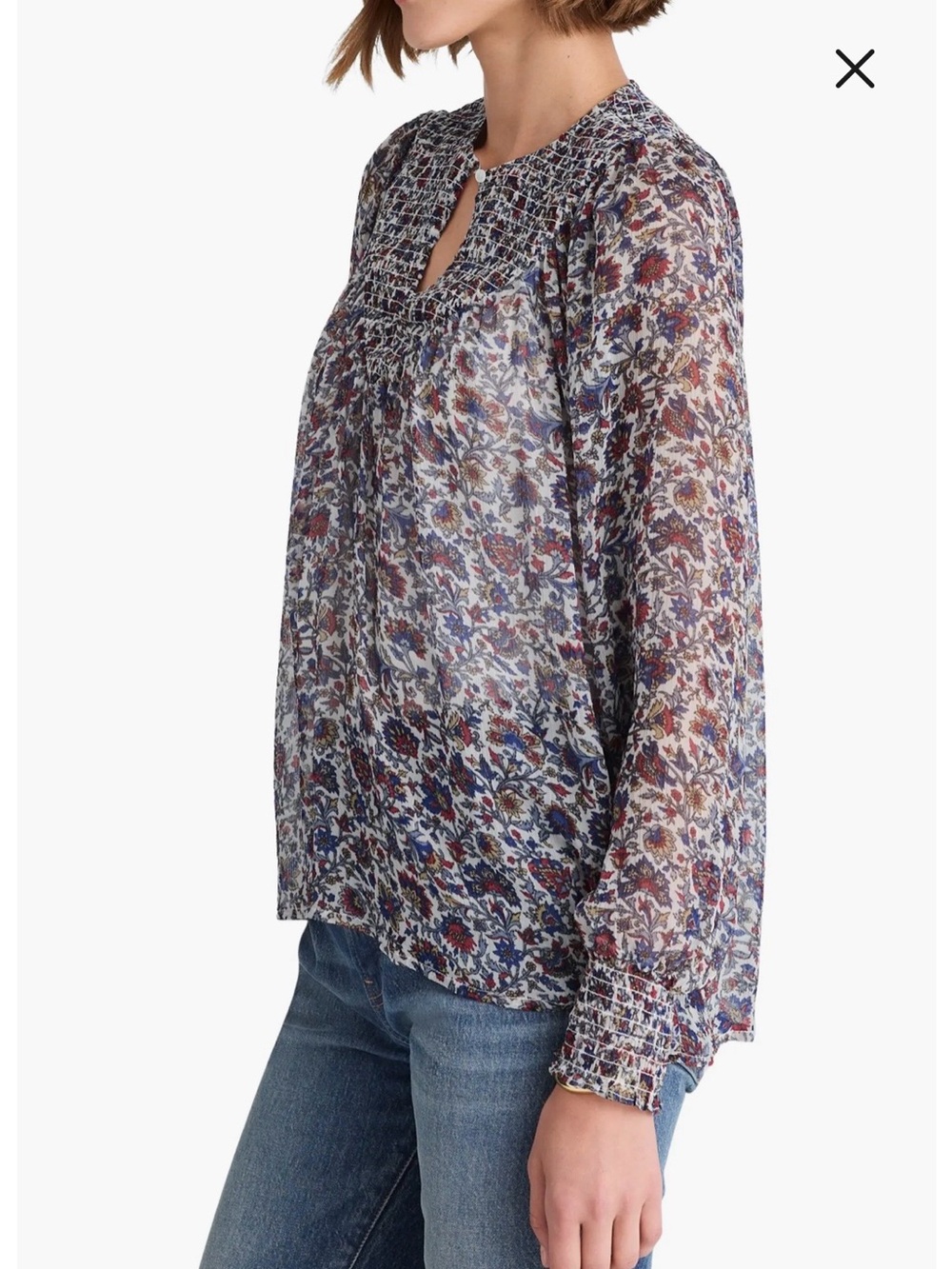 Madewell Smocked Split Crewneck Top Floral Boho Long Sleeve Blouse Size Large
